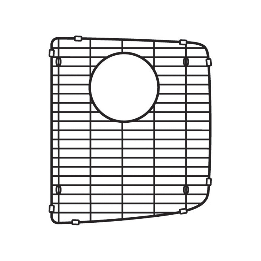 Stainless steel sink grid with rectangular shape, horizontal and vertical bars, and circular drain opening with mounting tabs