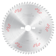 Silver circular saw blade with gray carbide teeth around perimeter, white center hole, red vibration symbols, and Freud brand