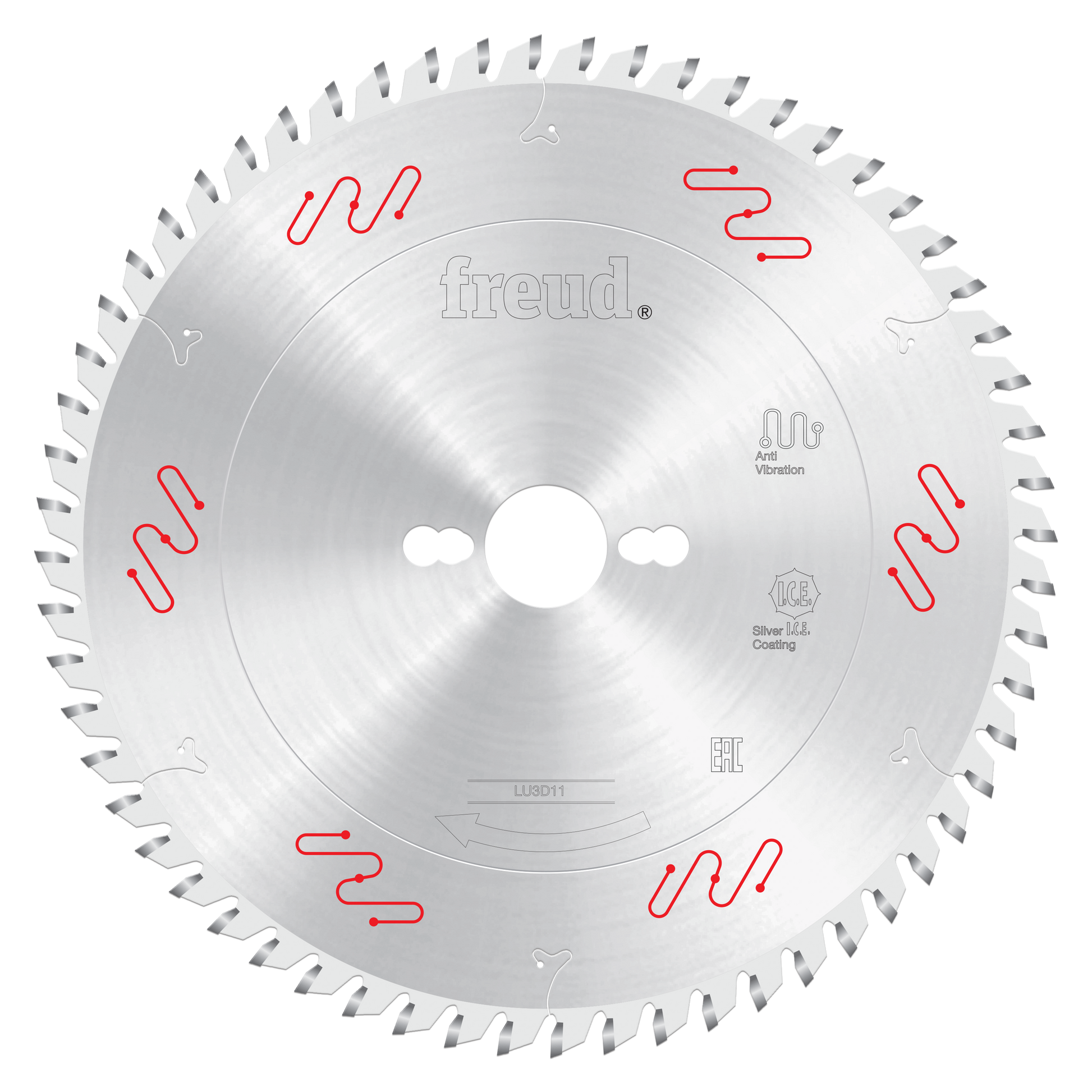 Silver circular saw blade with gray carbide teeth around perimeter, white center hole, red vibration symbols, and Freud brand