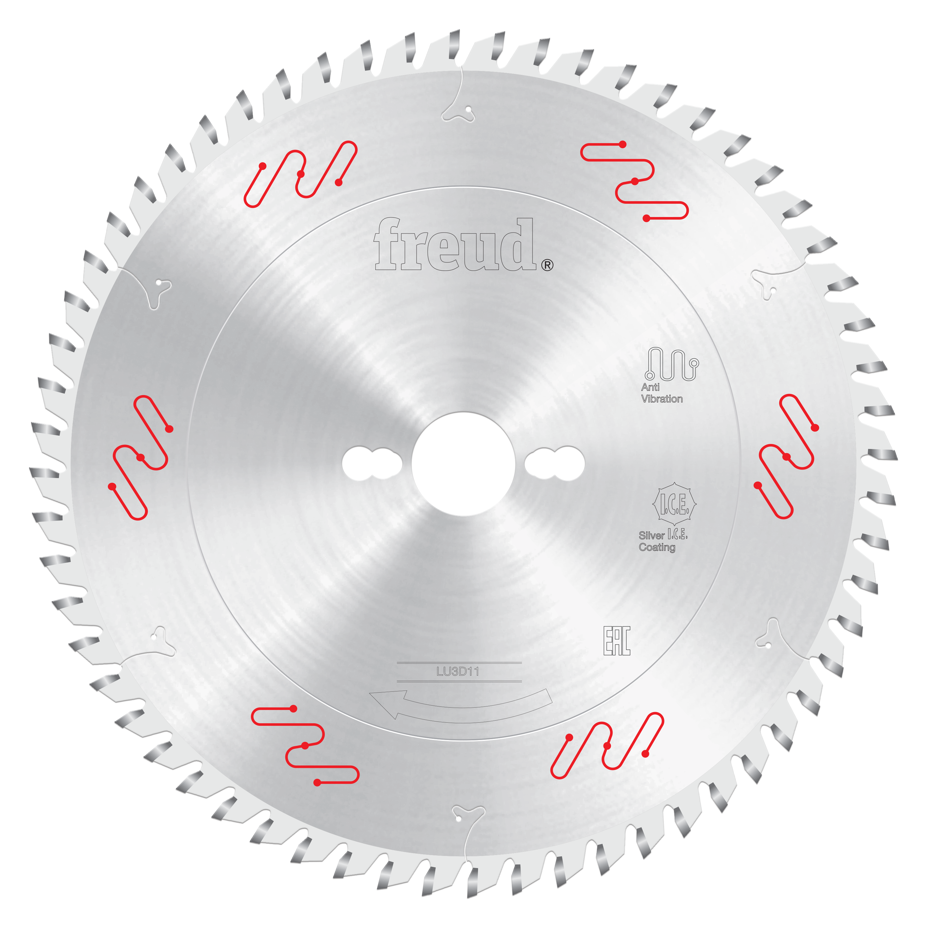 Silver circular saw blade with gray carbide teeth around perimeter, white center hole, red vibration symbols, and Freud brand
