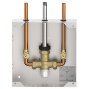 Concealed thermostatic mixing valve unit with copper pipes and brass fittings mounted in white box housing.