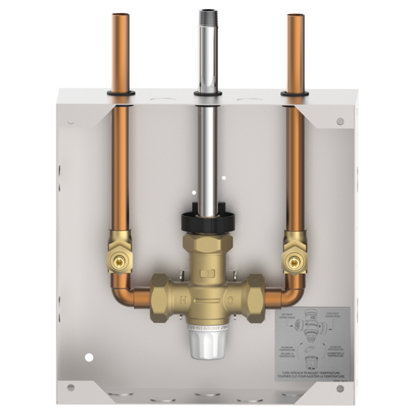 Concealed thermostatic mixing valve unit with copper pipes and brass fittings mounted in white box housing.