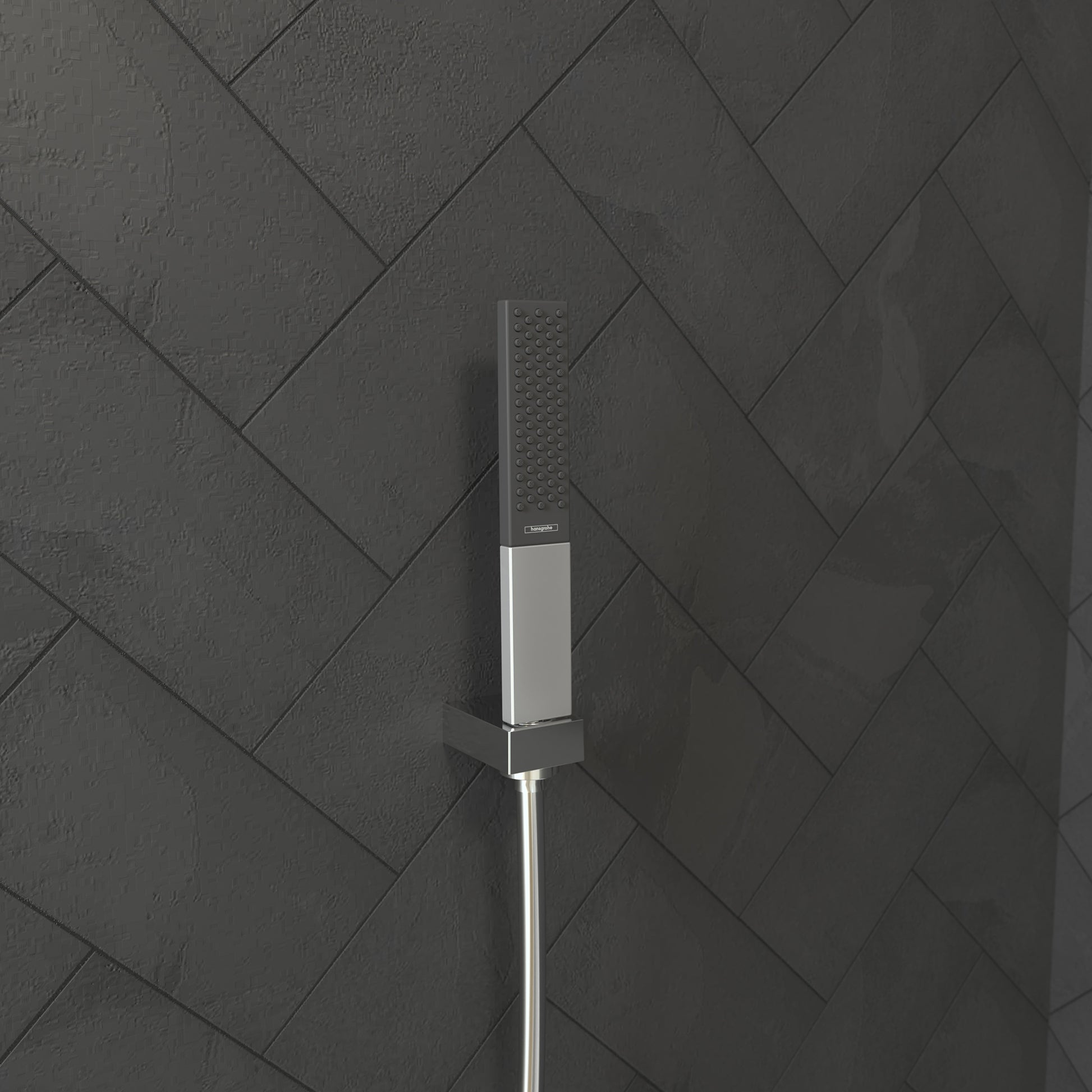 Chrome handheld shower head with rectangular baton design and perforated spray face mounted on wall tile.