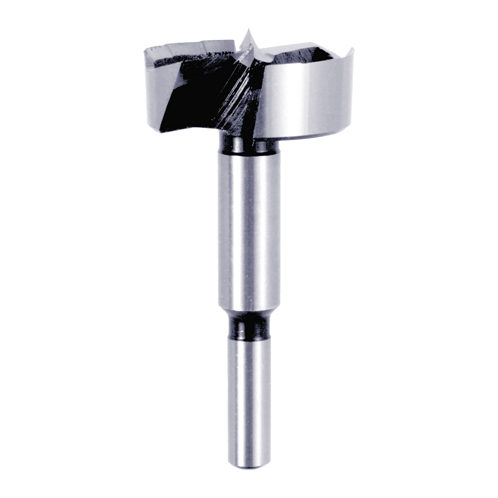 Diablo Forstner bit with cylindrical metal shaft and wide flat cutting head with two wings and center point.