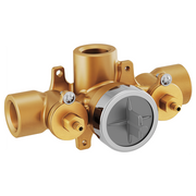 Brass thermostatic shower valve rough-in with gray diverter handle and multiple inlet ports.