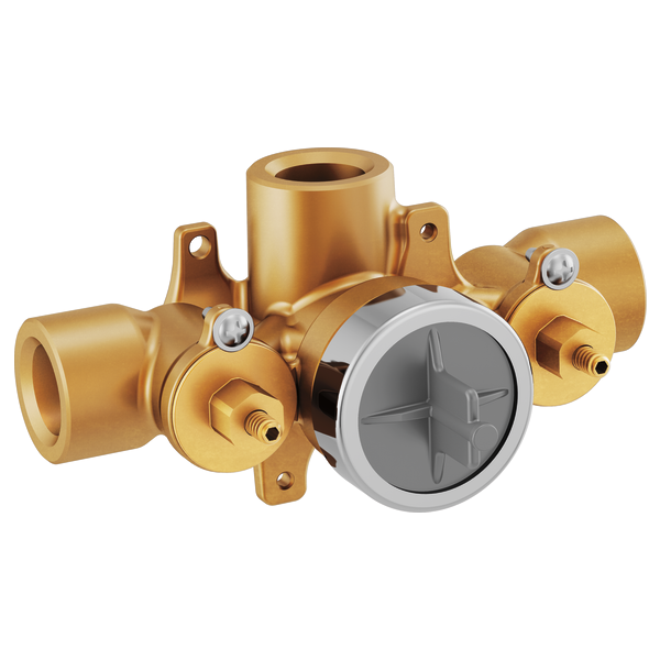 Brass thermostatic shower valve rough-in with gray diverter handle and multiple inlet ports.