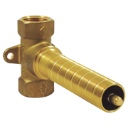 Brass volume control valve with threaded cylindrical body and threaded inlet connection for plumbing installation.