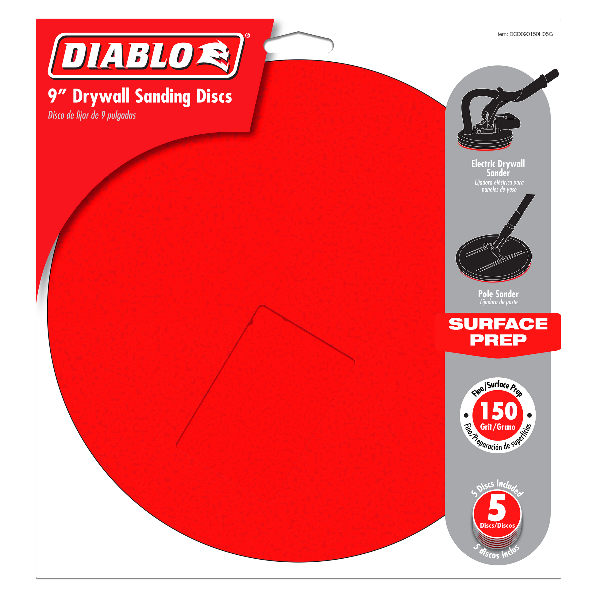 Five gray 9-inch drywall sanding discs with hook and loop backing, 150 grit.