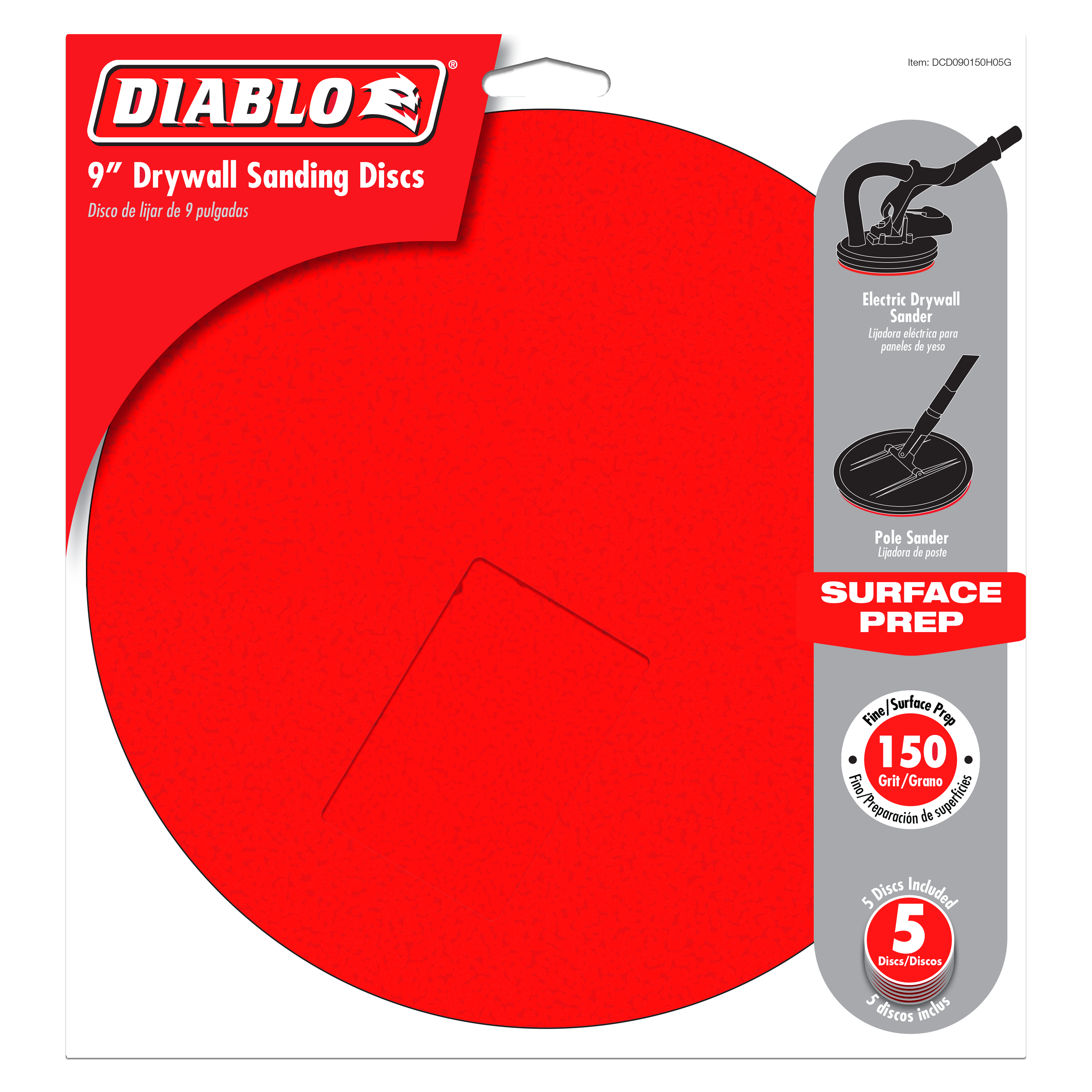 Five gray 9-inch drywall sanding discs with hook and loop backing, 150 grit.