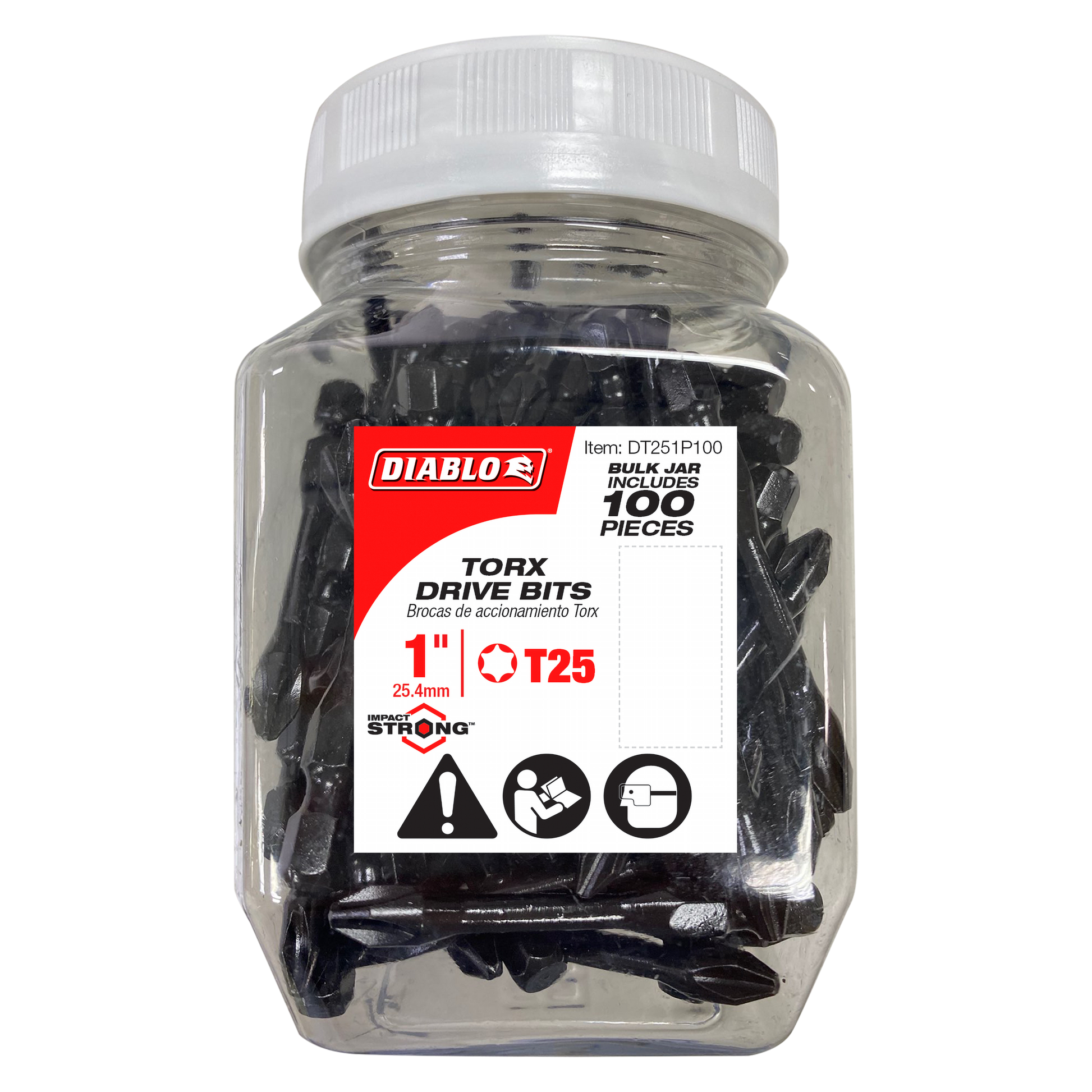 Clear plastic jar containing 100 black Torx T25 drive bits, 1 inch long, with white screw-top lid and Diablo label.