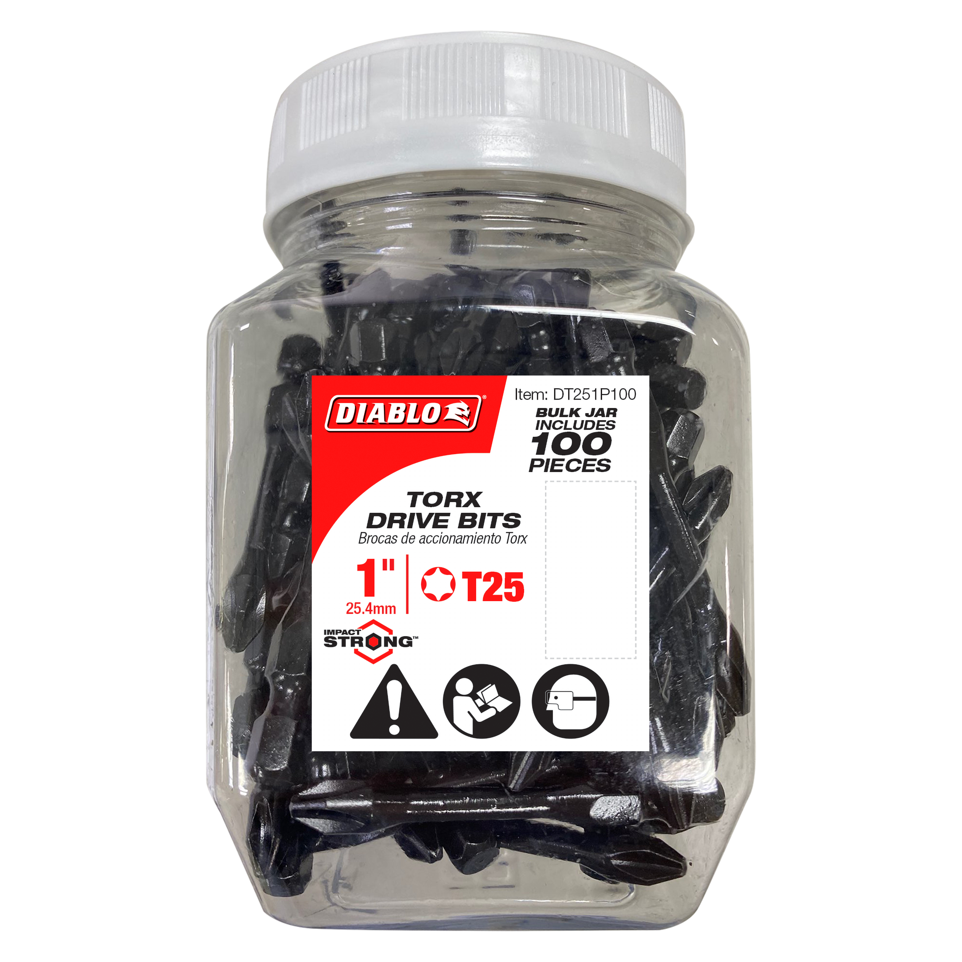 Clear plastic jar containing 100 black Torx T25 drive bits, 1 inch long, with white screw-top lid and Diablo label.
