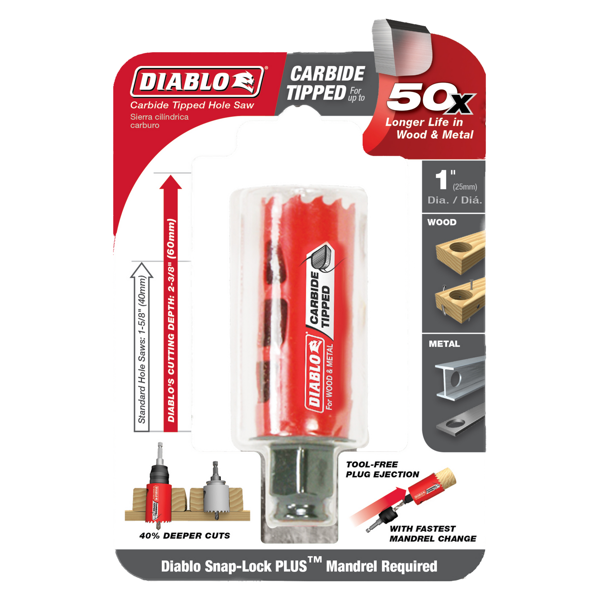 Diablo 1-inch carbide-tipped holesaw with red cylindrical cutting head and dark metal base on packaging.