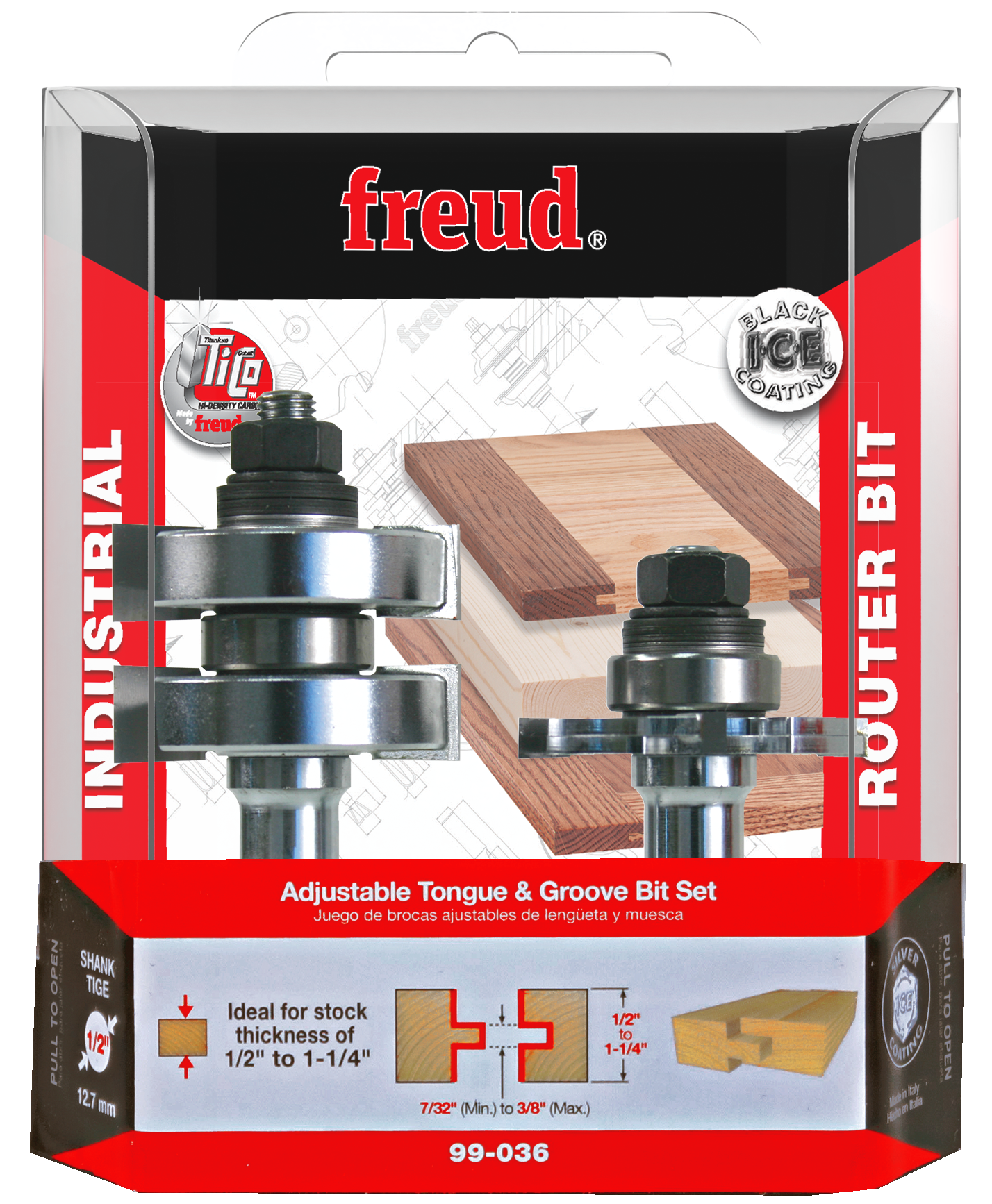 Freud adjustable tongue and groove router bit set with two metal bits and black plastic handles in retail packaging.