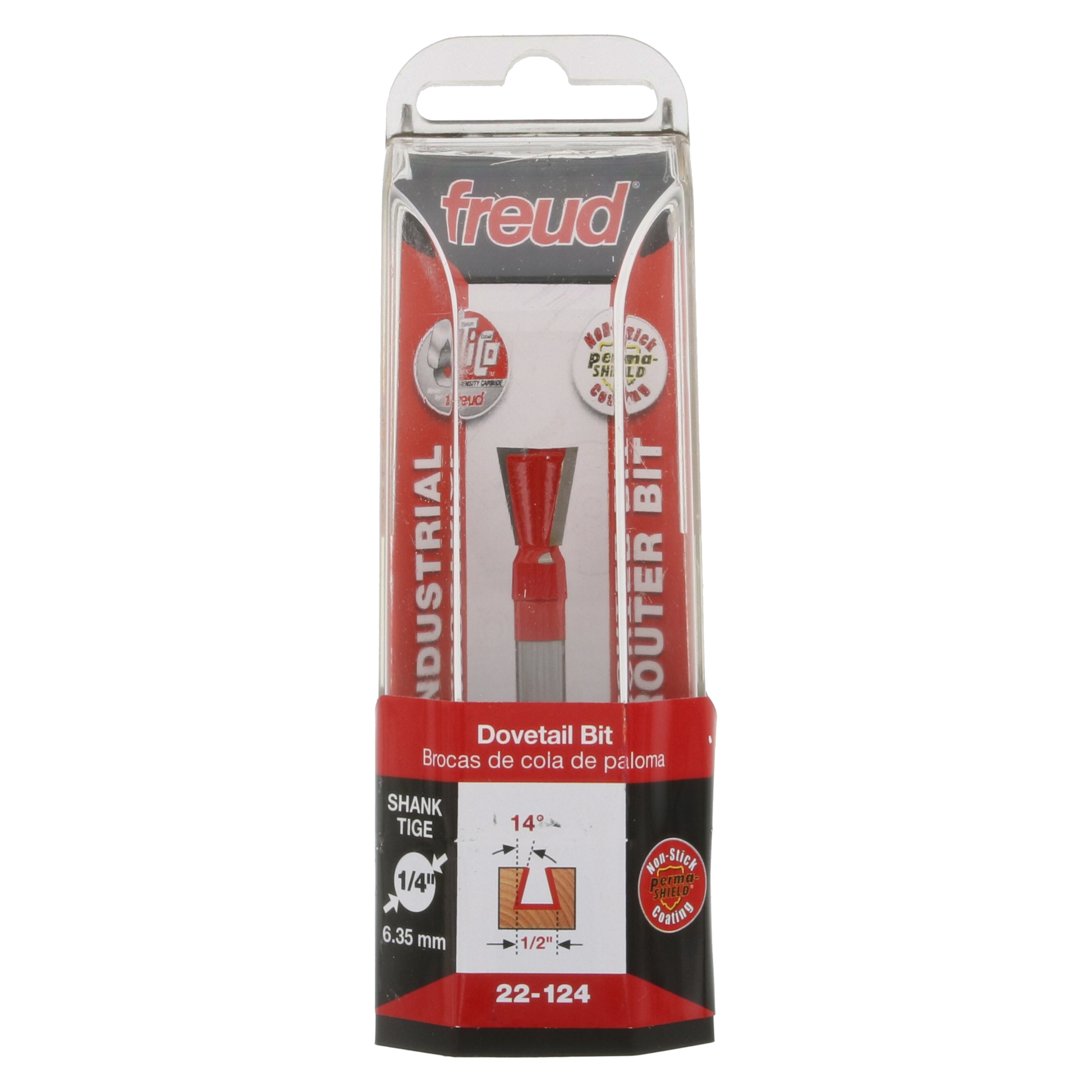 Freud 22-124 dovetail bit with red cutting head and gray shank in retail packaging.