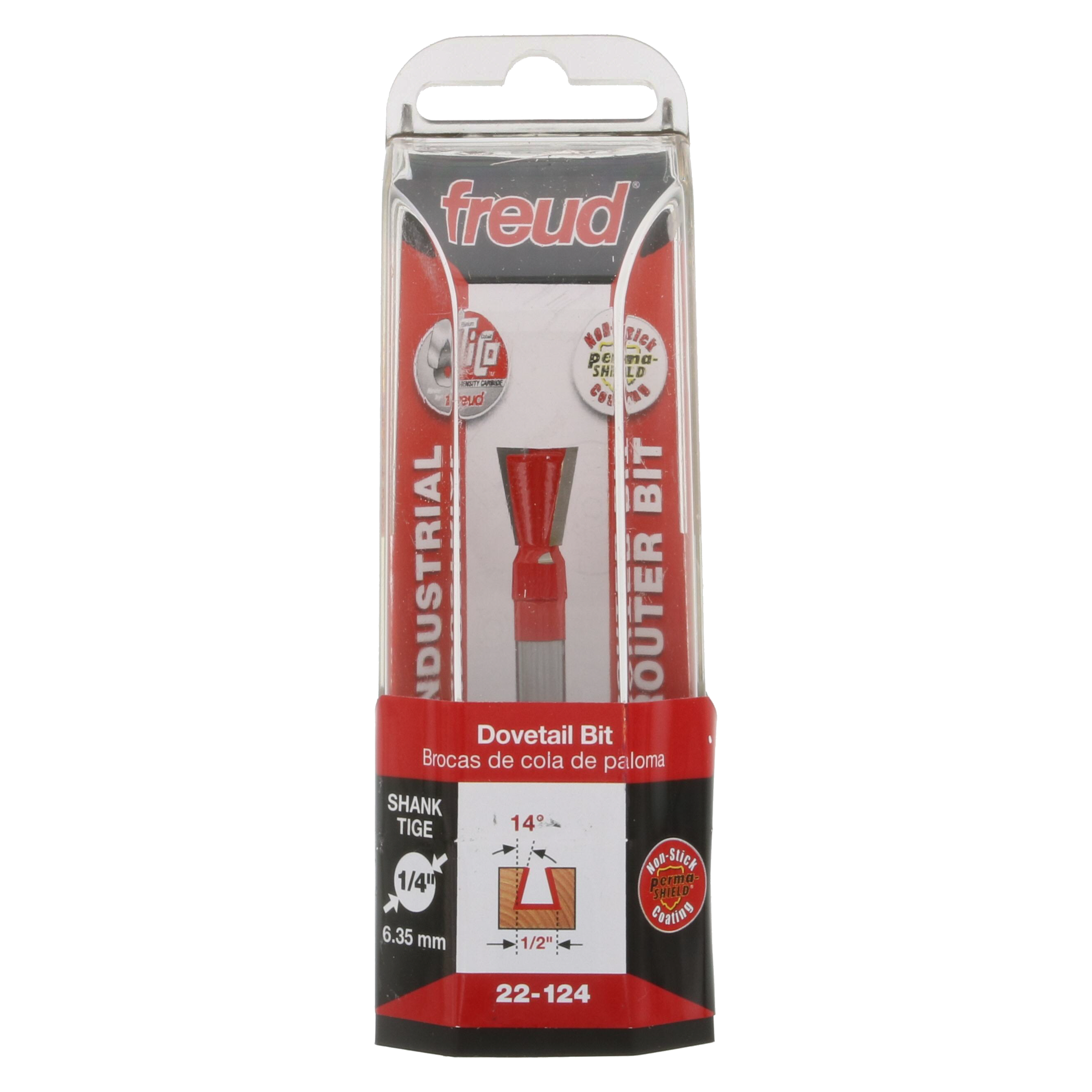 Freud 22-124 dovetail bit with red cutting head and gray shank in retail packaging.
