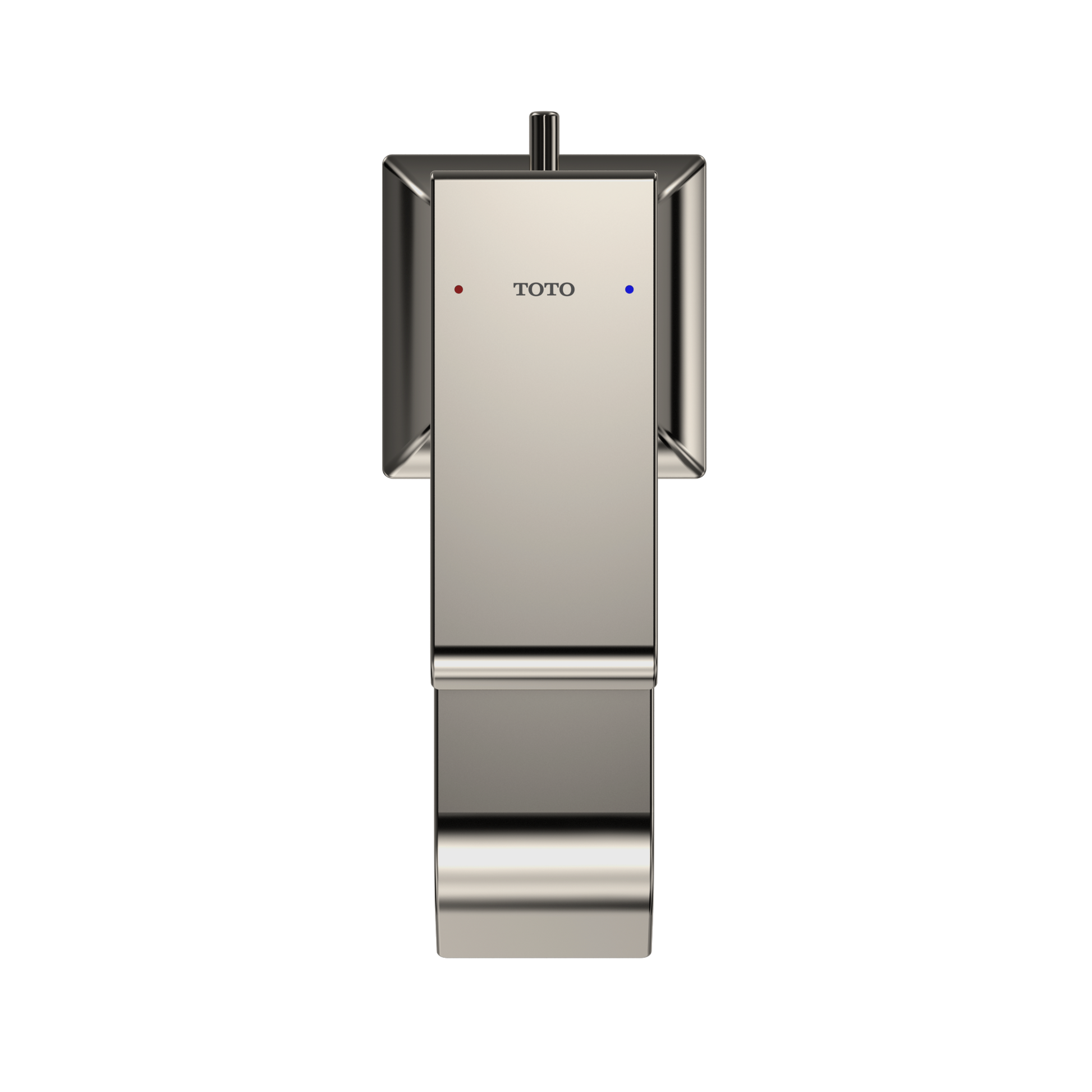 Polished nickel single-handle bathroom sink faucet with rectangular body, red and blue indicator dots, and cylindrical spout.