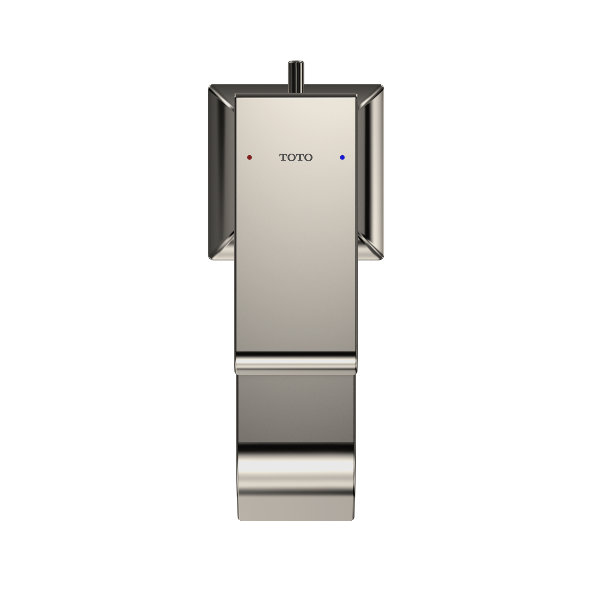Polished nickel single-handle bathroom sink faucet with rectangular body, red and blue indicator dots, and cylindrical spout.