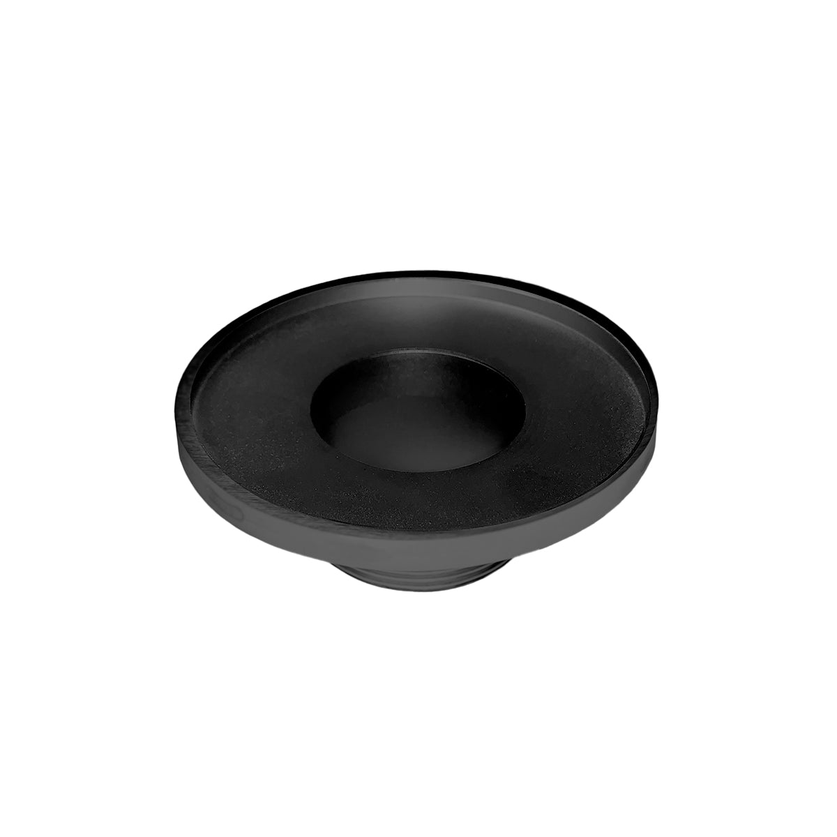 Matte black circular drain throat with center opening and sloped sides.
