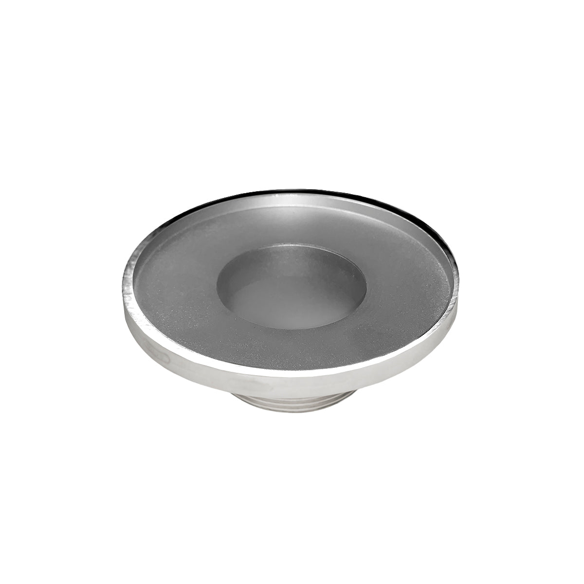 Polished stainless steel round drain with center throat opening and flat rim.