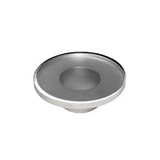 Polished stainless steel round drain with center throat opening and flat rim.