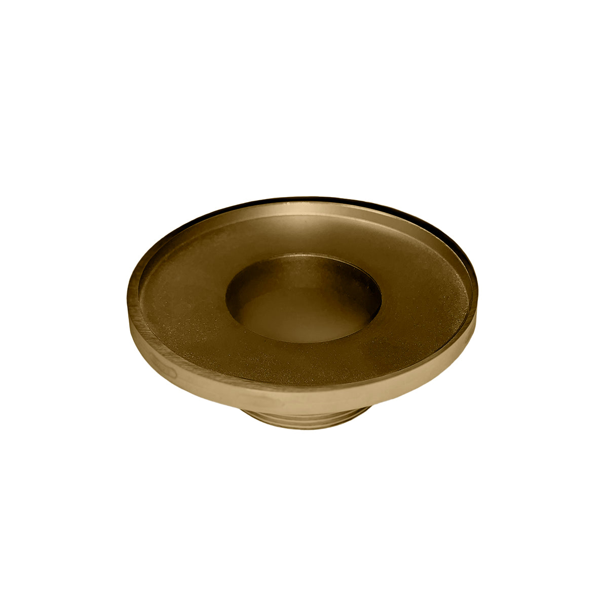 Satin bronze circular drain throat with center opening and flat rim, 5 by 5 inches.
