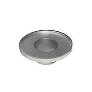 Satin stainless steel round drain with center throat opening and flat circular top surface.