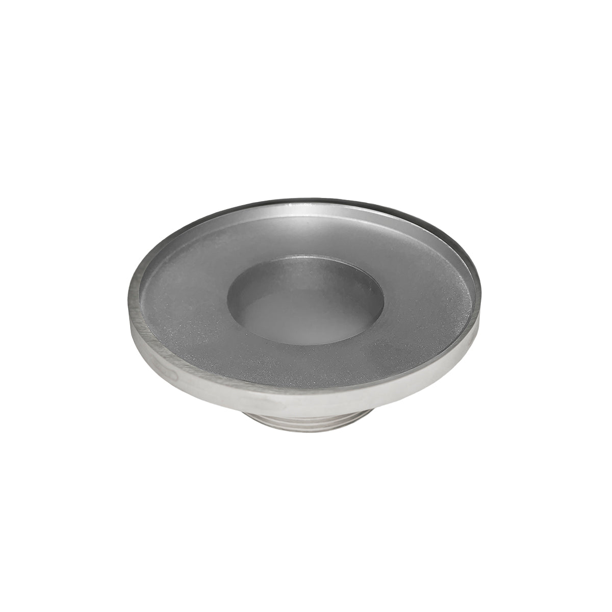 Satin stainless steel round drain with center throat opening and flat circular top surface.