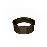 Oil rubbed bronze circular drain throat with threaded exterior and center opening.
