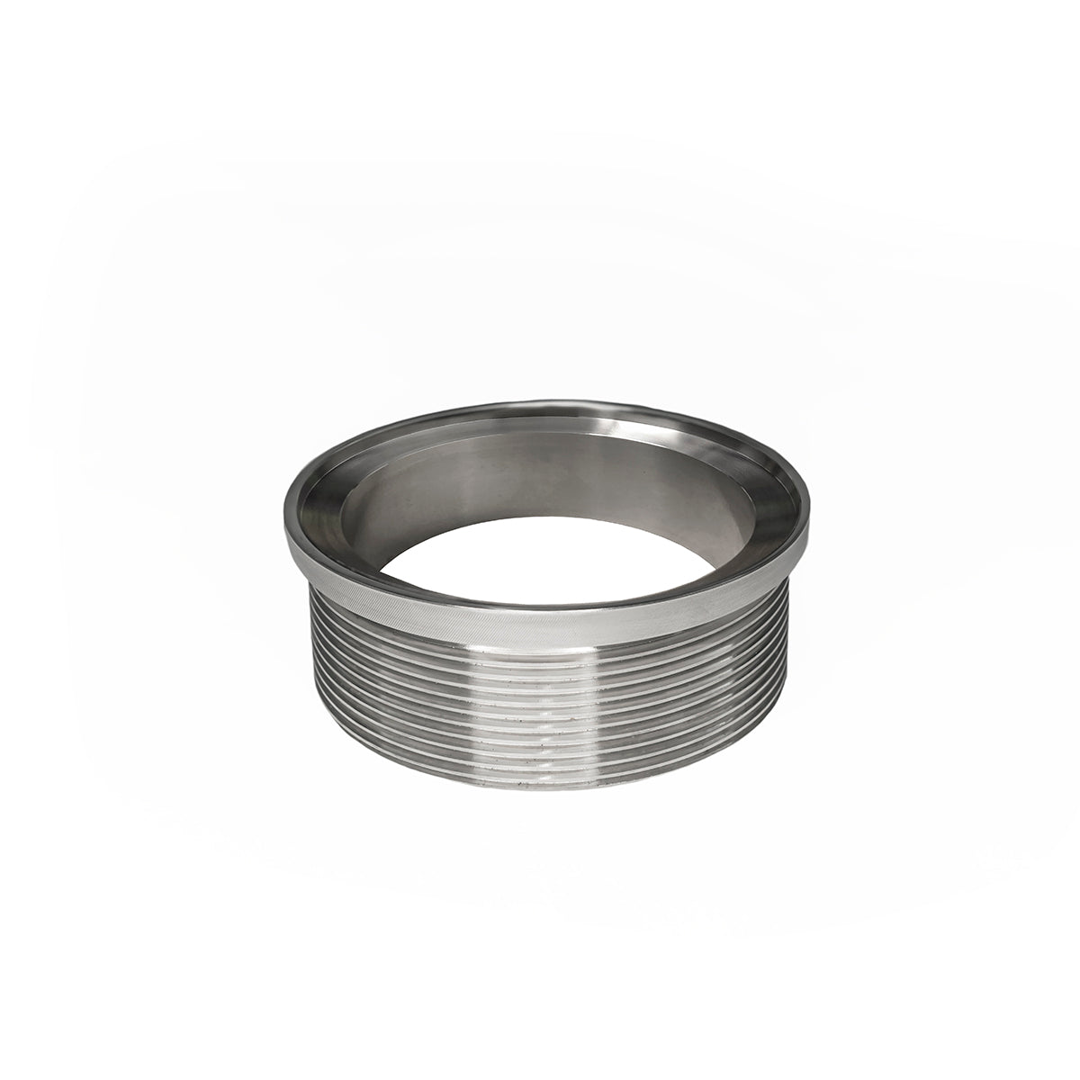Polished stainless steel drain throat with threaded exterior and centered opening, 5" x 5" size.