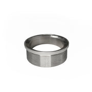 Polished stainless steel drain throat with threaded exterior and centered opening, 5" x 5" size.