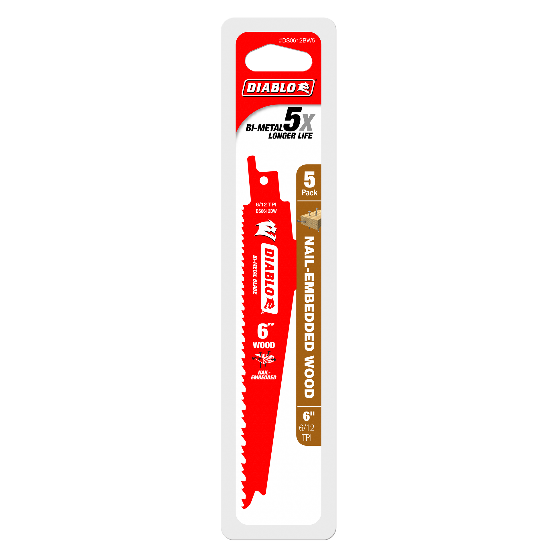 Five red bi-metal reciprocating saw blades, 6 inches long, in white packaging with Diablo branding.