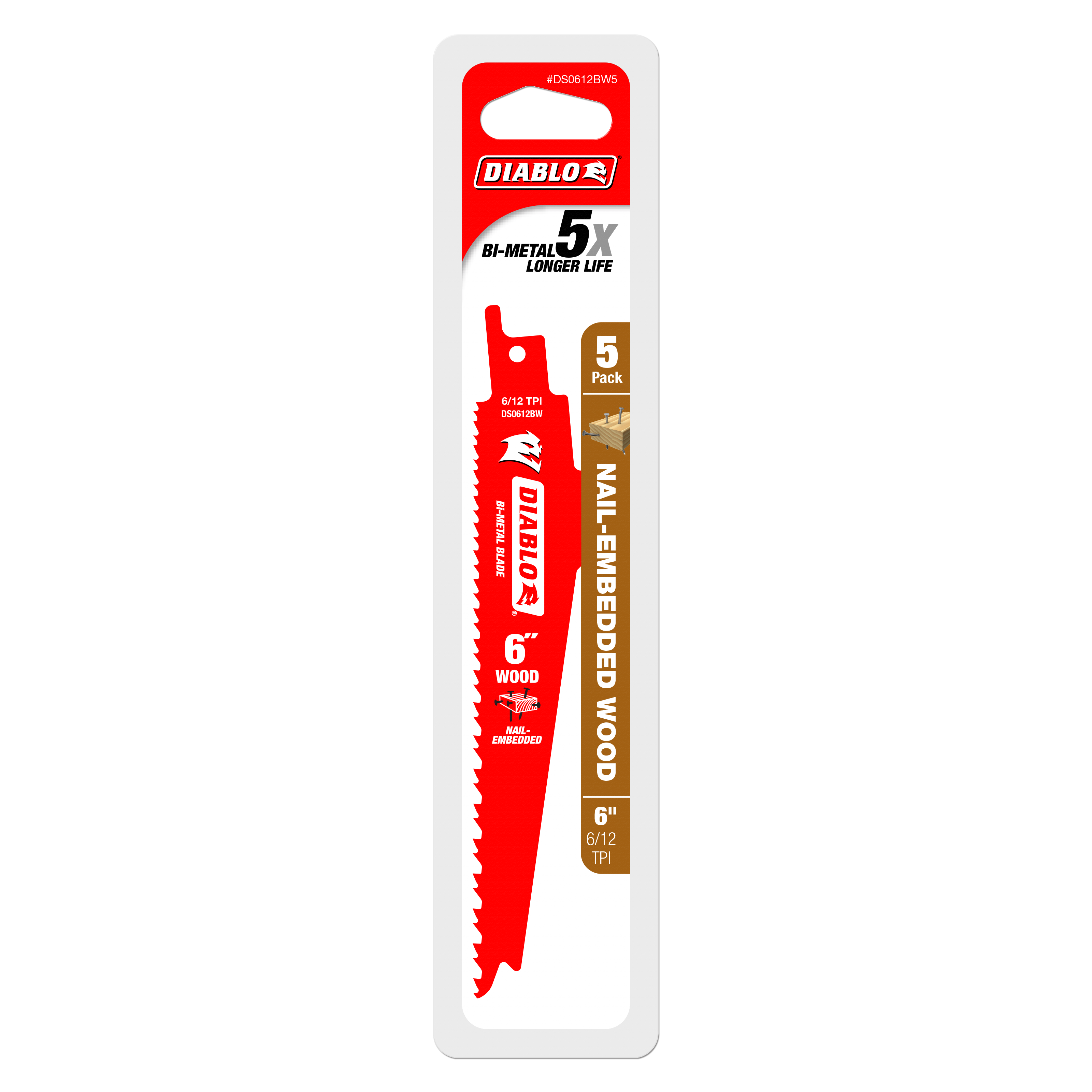 Five red bi-metal reciprocating saw blades, 6 inches long, in white packaging with Diablo branding.