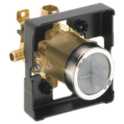 Brass pressure balance valve cartridge with black mounting bracket, PEX connection ports, and white diverter handle visible f