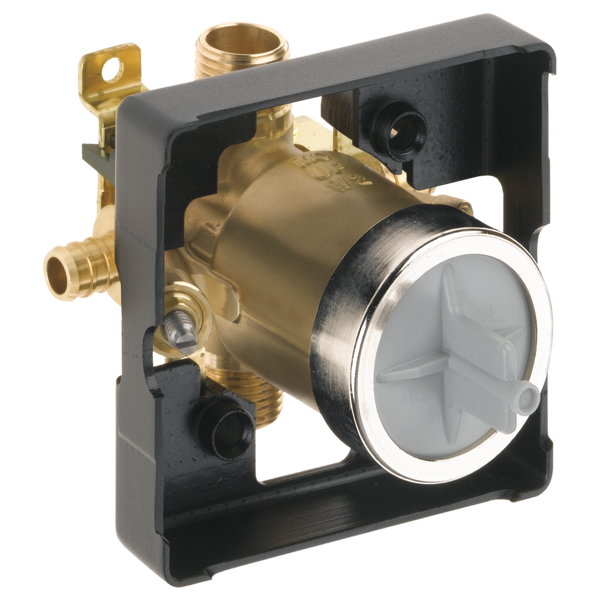 Brass pressure balance valve cartridge with black mounting bracket, PEX connection ports, and white diverter handle visible f