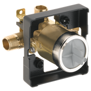 Brass pressure balance valve with black polymer housing, threaded inlet, and clear cartridge window mounted in black frame.