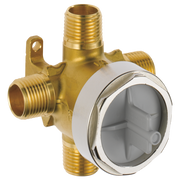 Brass diverter valve with threaded ports and white trim ring showing internal diverter mechanism.