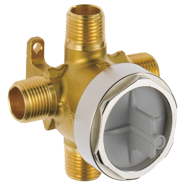 Brass diverter valve with threaded ports and white trim ring showing internal diverter mechanism.