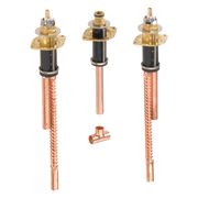 Three-hole roman tub rough valve with brass cartridges and copper supply lines, includes tee fitting.