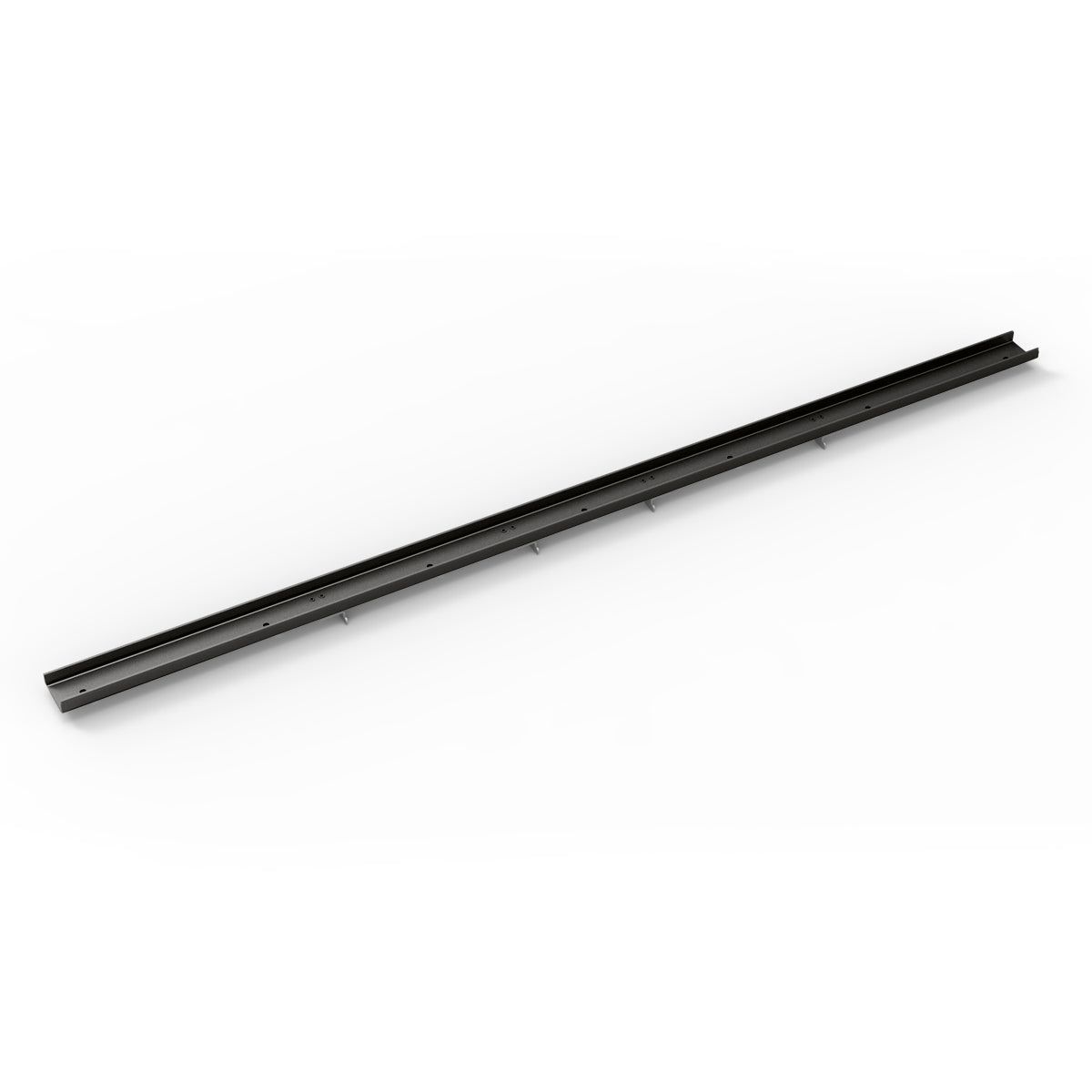 Matte black linear tile insert frame, 36 inches long, with open ended design and mounting slots.