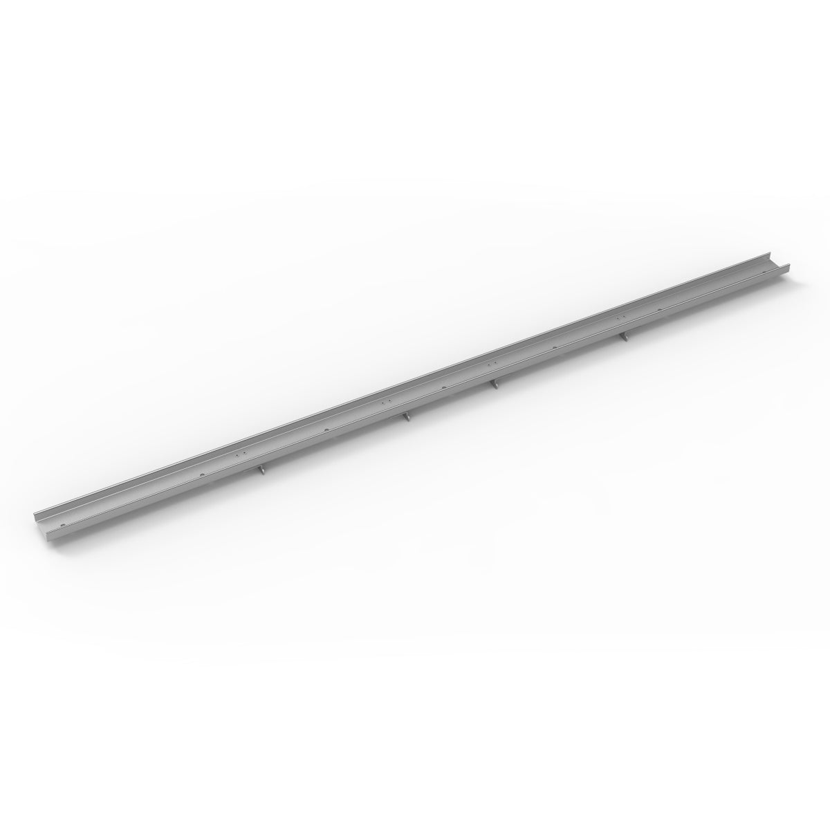 Polished stainless steel linear drain frame with open-ended tile insert design, approximately 60 inches long.