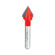 V-shaped router bit with red cutting head and silver metal shank for grooving and woodworking.