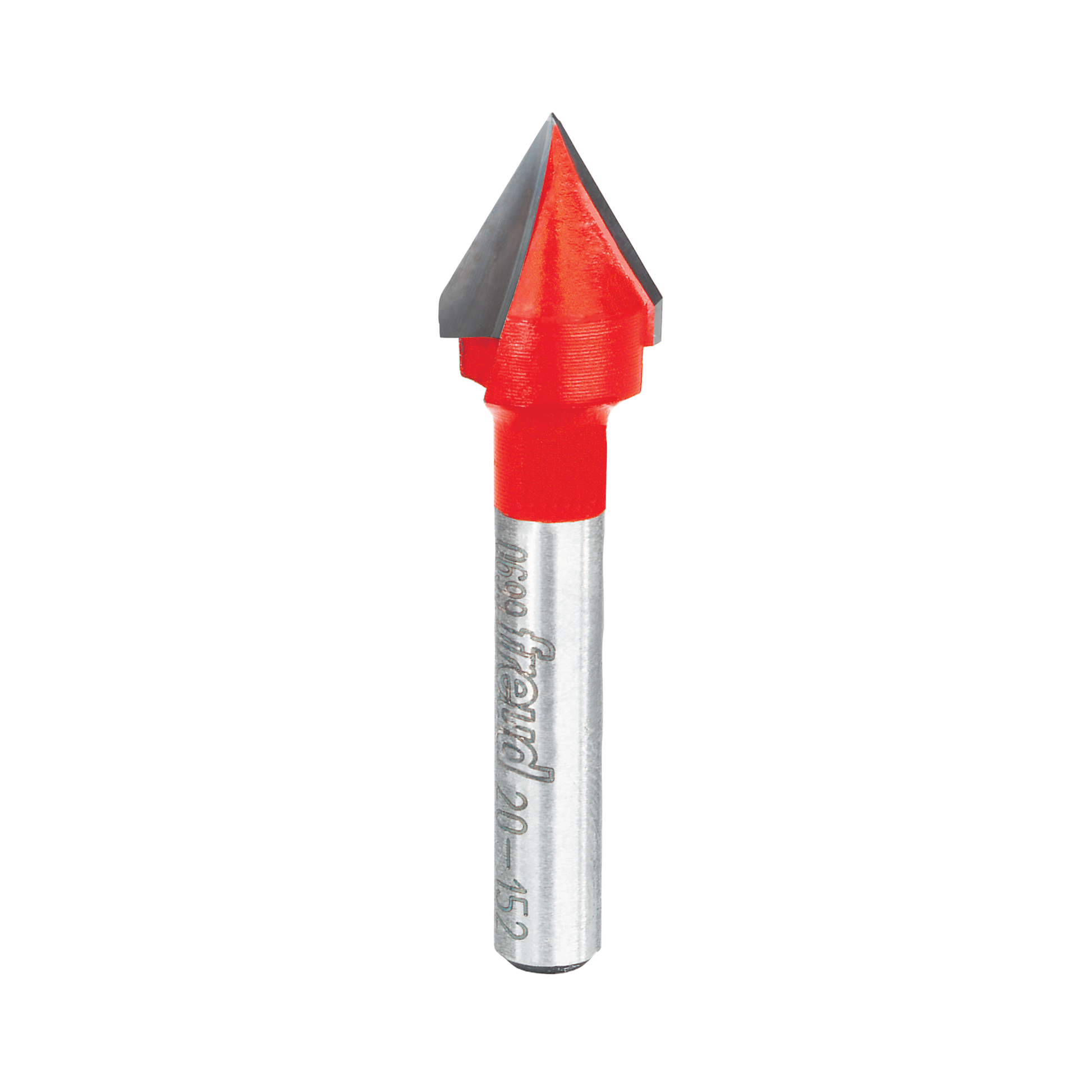 V-shaped router bit with red cutting head and silver metal shank for grooving and woodworking.