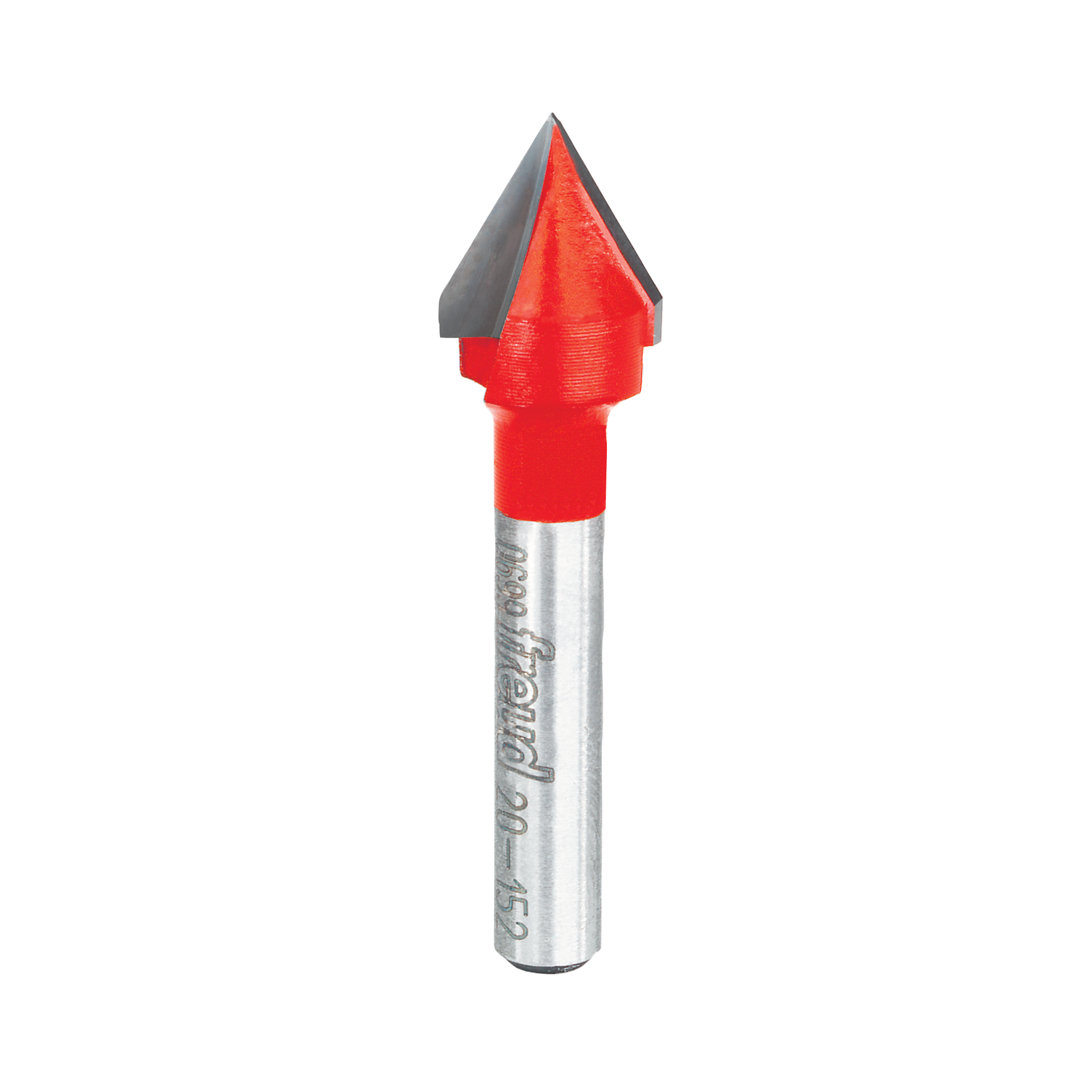 V-shaped router bit with red cutting head and silver metal shank for grooving and woodworking.