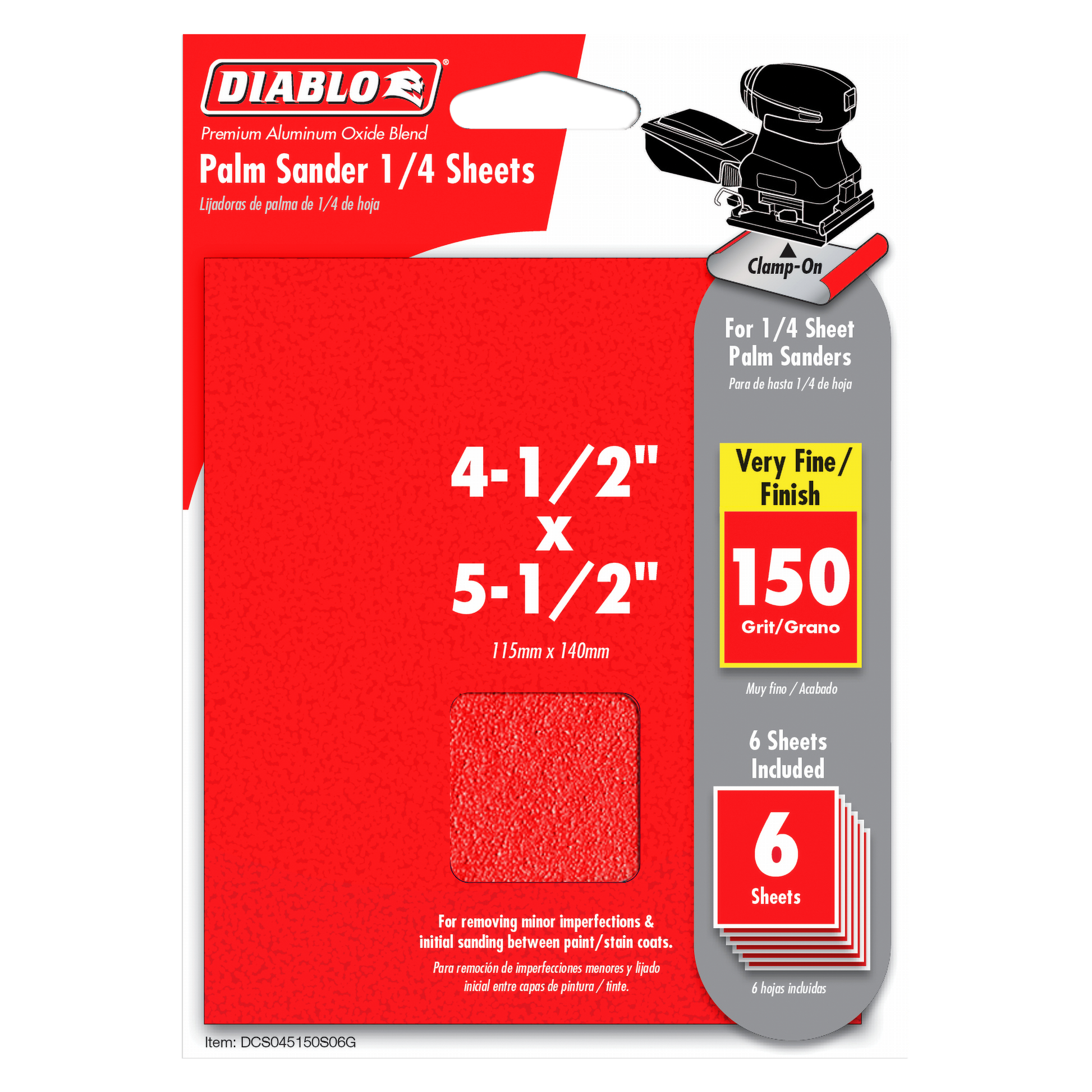 Six 4-1/2" x 5-1/2" palm sander sheets with 150 grit aluminum oxide coating on red Diablo packaging.
