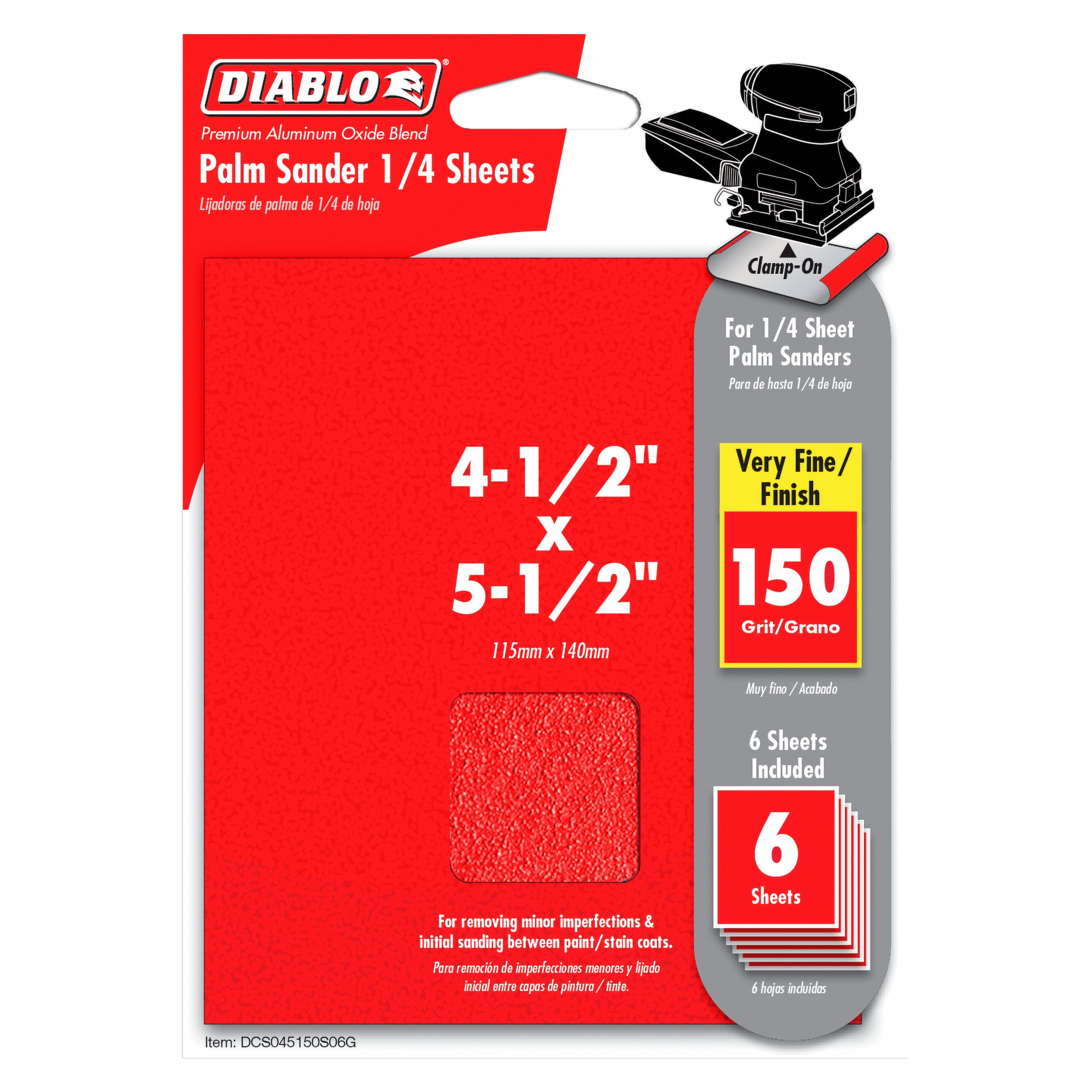 Six 4-1/2" x 5-1/2" palm sander sheets with 150 grit aluminum oxide coating on red Diablo packaging.