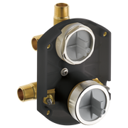 Black and brass shower diverter rough-in valve with two white trim rings and threaded brass ports.