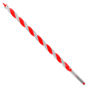 Red and gray spiral auger bit with sharp point tip and cylindrical shank on white background.