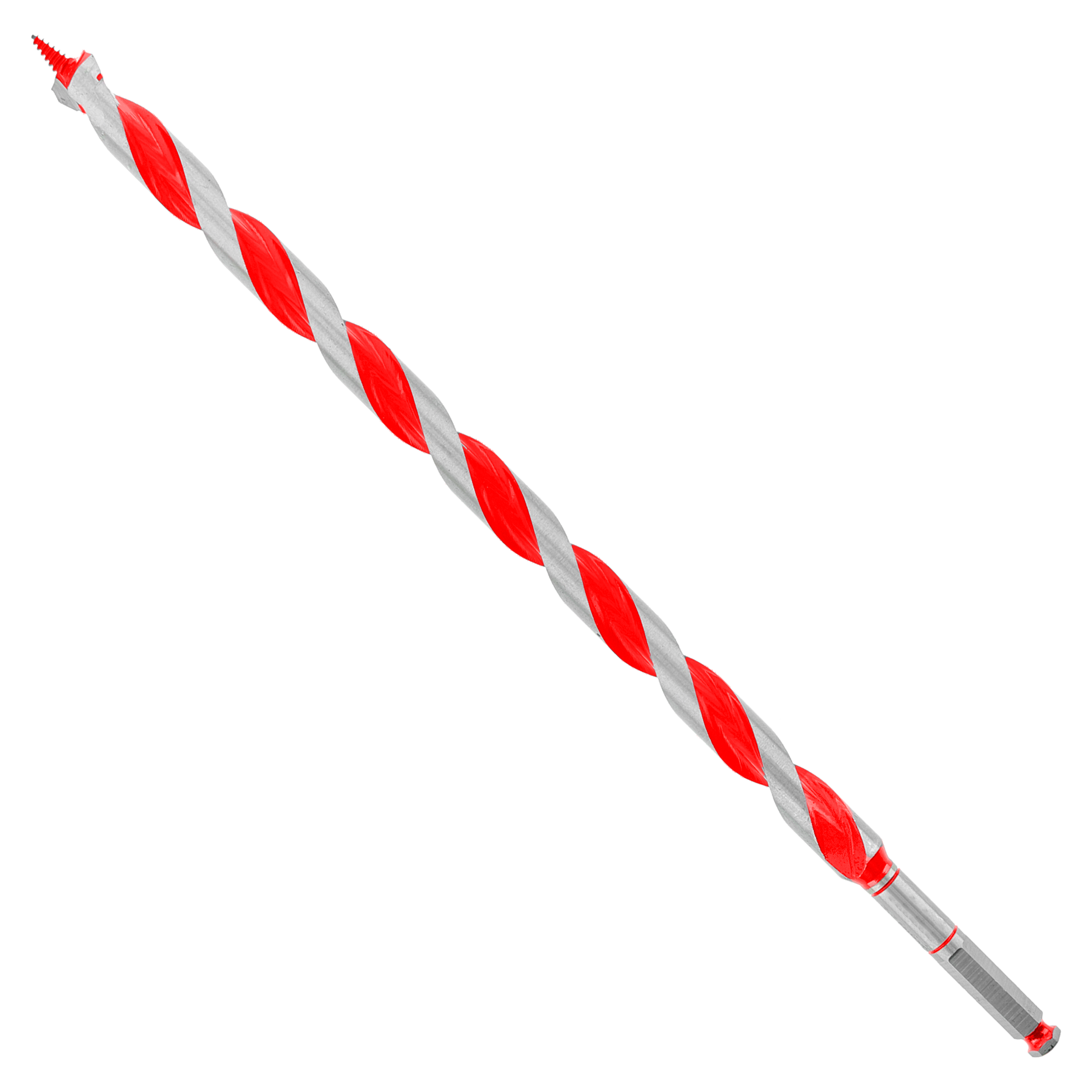 Red and gray spiral auger bit with sharp point tip and cylindrical shank on white background.