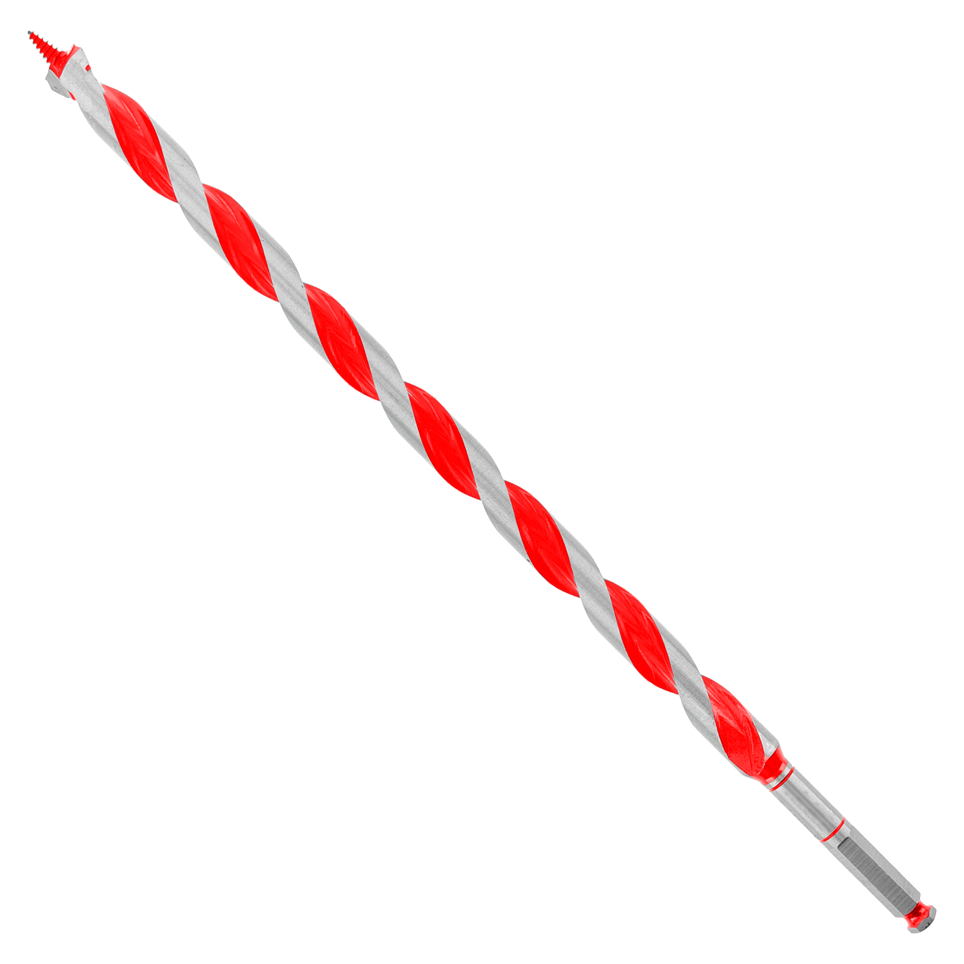 Red and gray spiral auger bit with sharp point tip and cylindrical shank on white background.