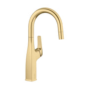 Satin gold bar faucet with curved spout and single lever handle on tapered base.